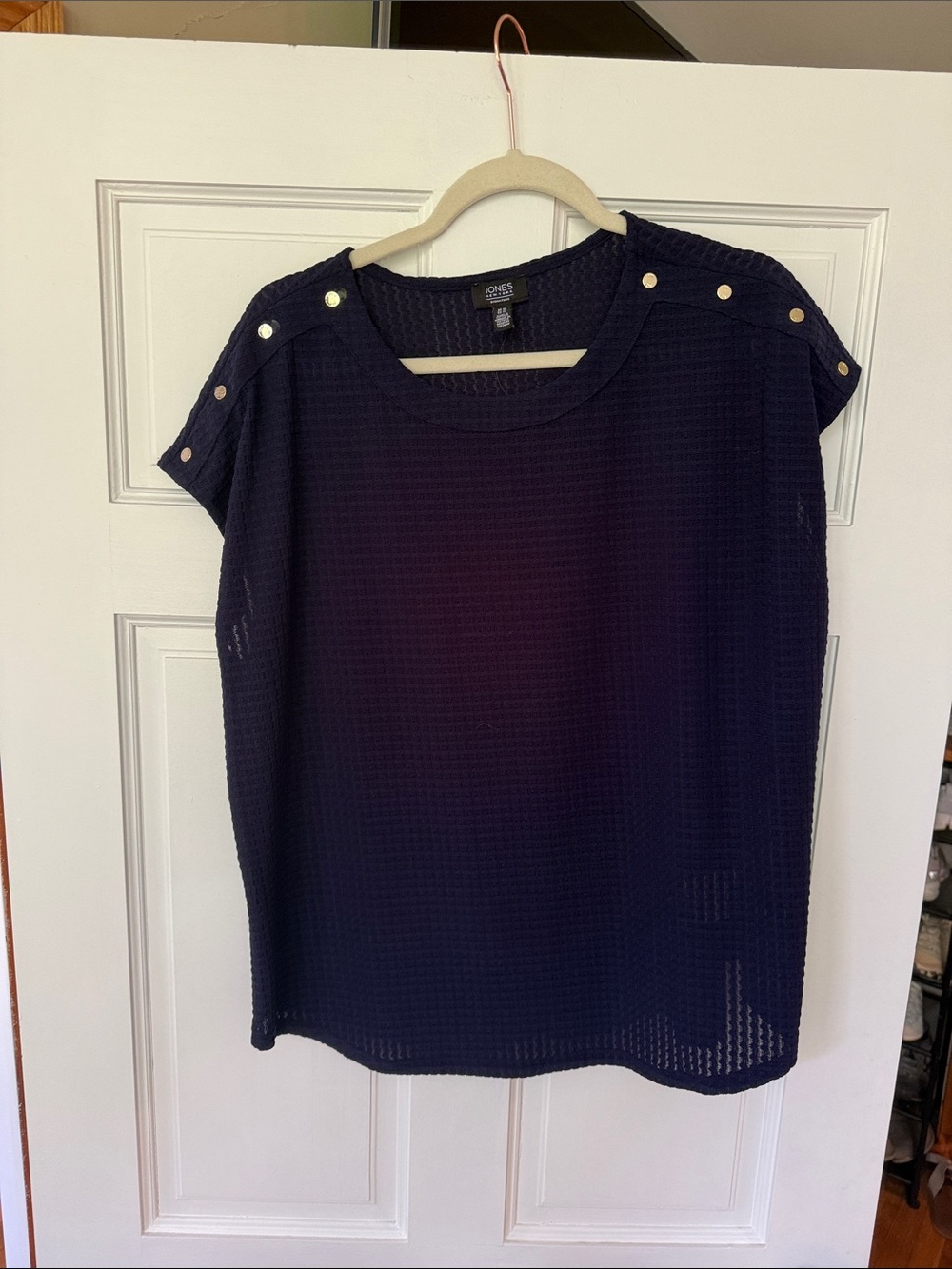Jones New York Navy Short-Sleeve Button-Shoulder Knit Top